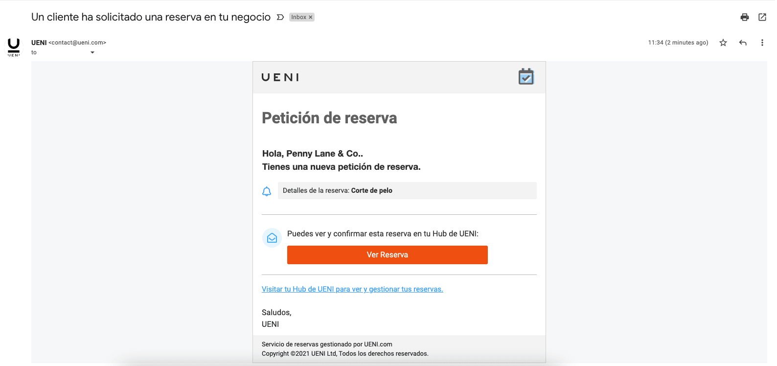 Correo electrónico que recibe el propietario del negocio y en el que le avisa que ha recibido una petición de reserva