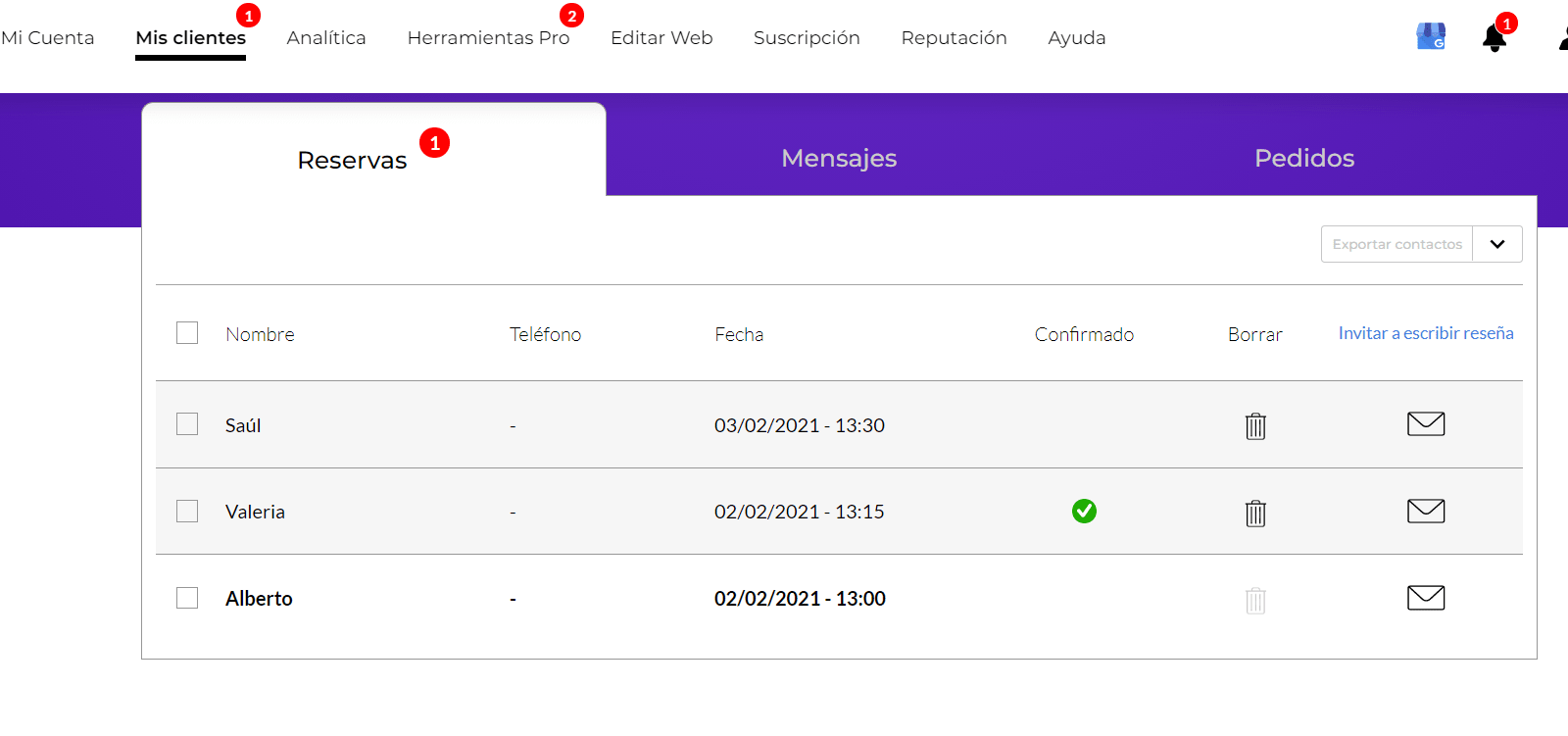 Notificaciones de reserva de Mis Clientes en tu cuenta de UENI