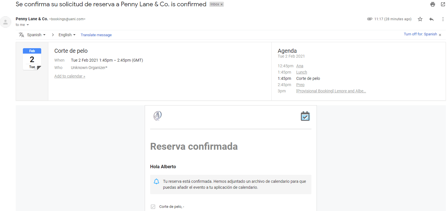 Correo electrónico de confirmación de la reserva del servicio que recibe el cliente. Esto incluye la opción de calendario